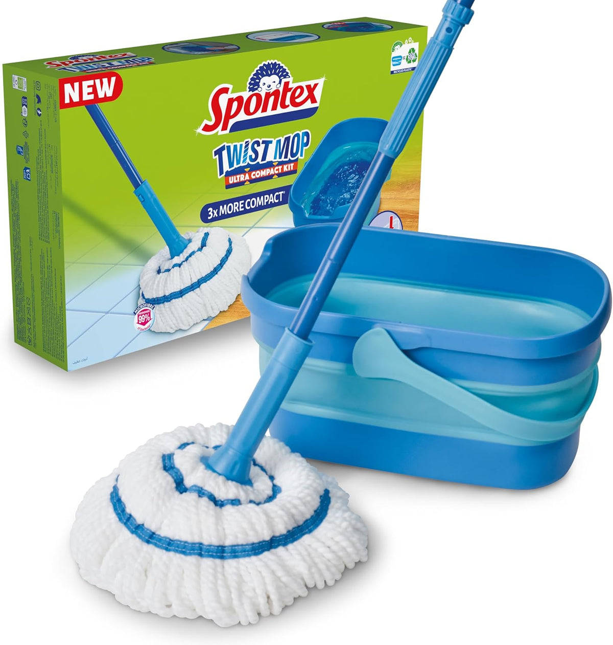 Spontex Ultra Compact Twist Mop and Bucket Set, 10L Foldable Bucket. New but open, scruffy box