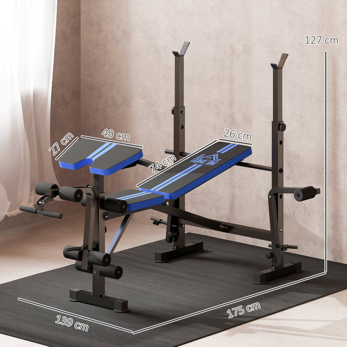 HOMCOM Adjustable Weight Bench with Leg Developer Barbell Rack for Weight Lifting and Strength Training Multifunctional Workout Station for Home Gym Fitness, Blue