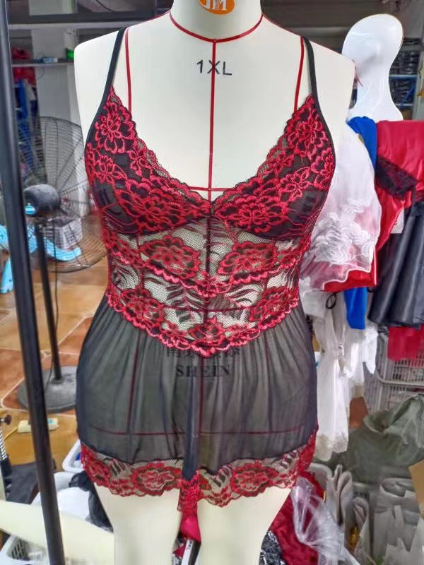 New European and American cross-border foreign trade plus size sexy lingerie women's lace strap lace mesh skirt transparent sexy nightdress