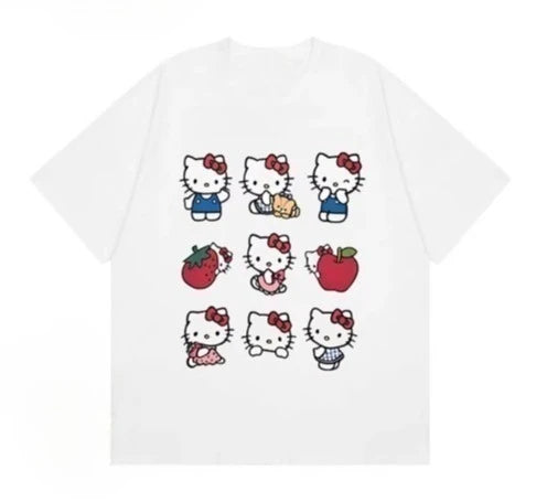 Soft and Cute Hello Kitty 9-grid Printed Children's T-shirt Loose Casual Parent-child Short Sleeved Summer New Item 2026