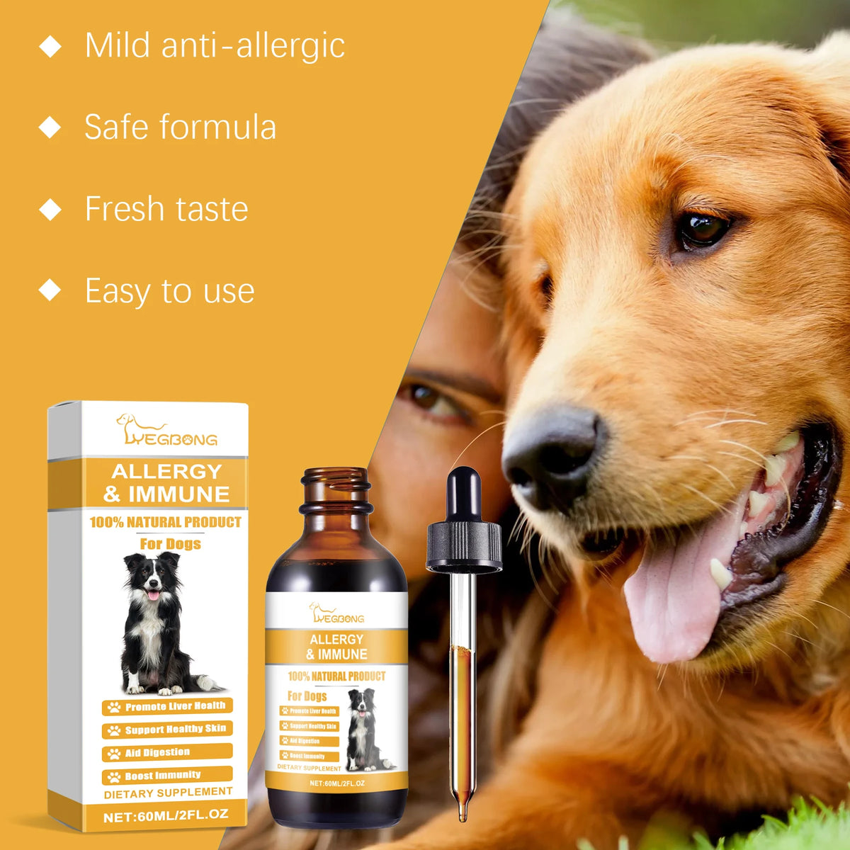Dog Allergy Immune Dietary Supplement Natural Formula Relieve Allergic Reactions Daily Use Safe for Dogs Immune Support Liquid