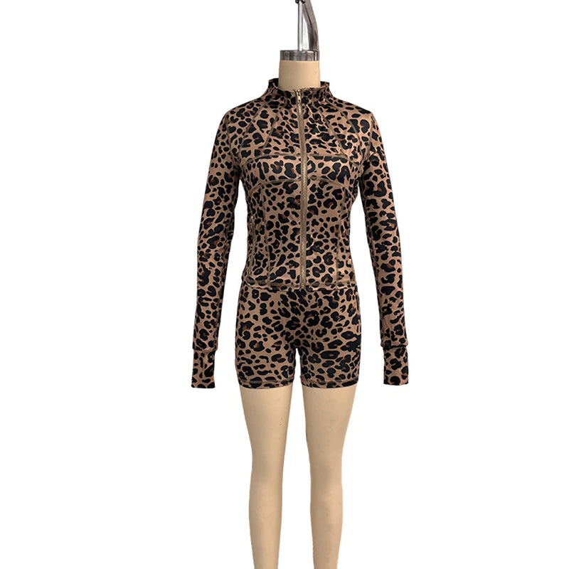 Leopard Print 2 Pieces Set for Women 2025 Trendy Outfits Sexy Gym Tracksuit Slim Zip up Tops and Shorts Matching Sets Club Wear