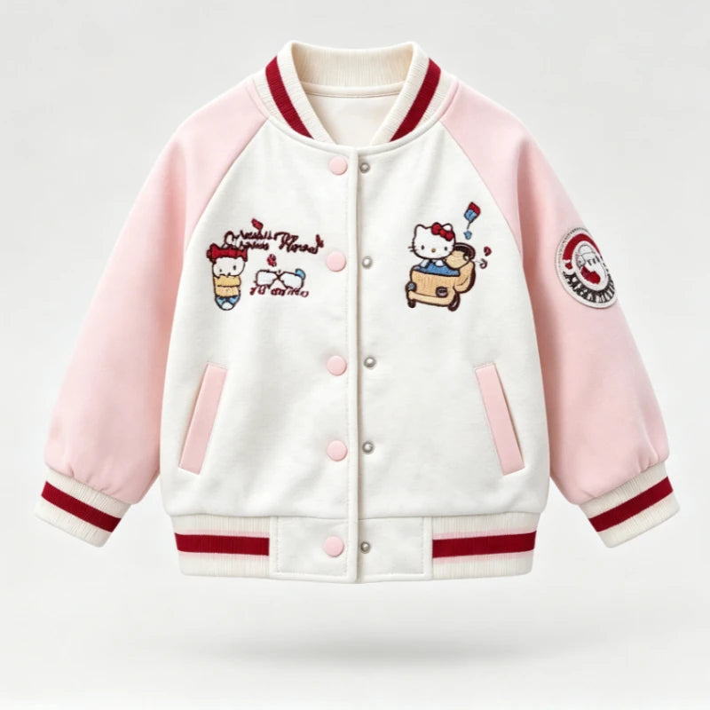 Cute Hello Kitty Cartoon Print Baseball Jacket Spring Autumn Casual Coat Breathable Seoft Lightweight Trendy Outerwear for Kids