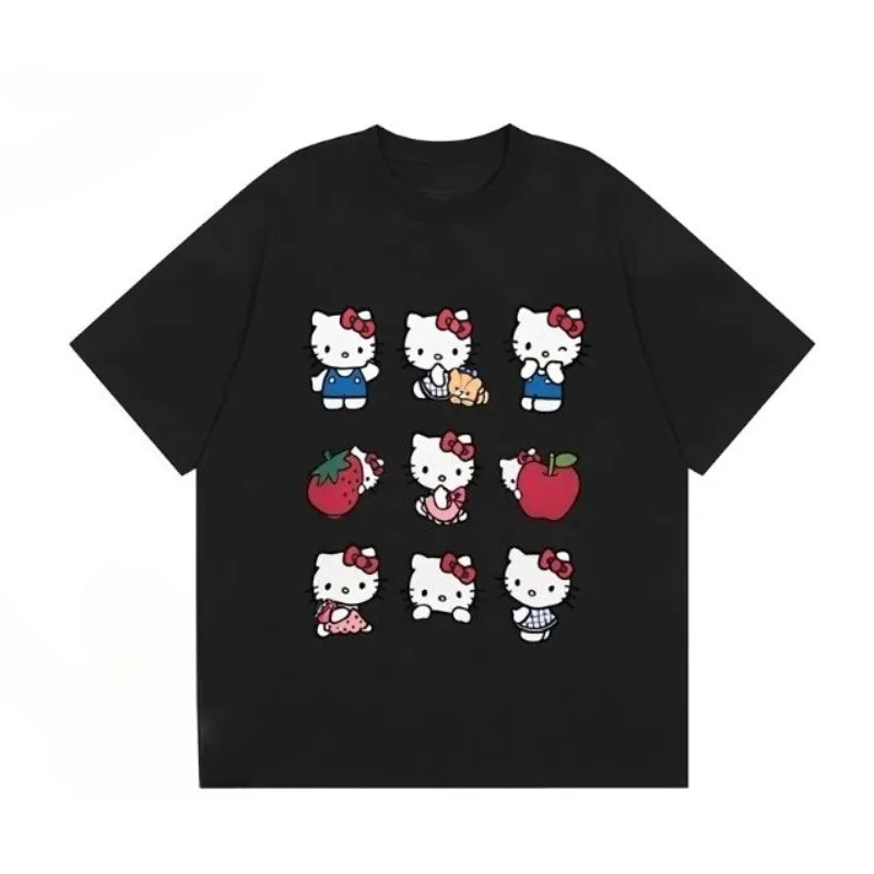 Soft and Cute Hello Kitty 9-grid Printed Children's T-shirt Loose Casual Parent-child Short Sleeved Summer New Item 2026