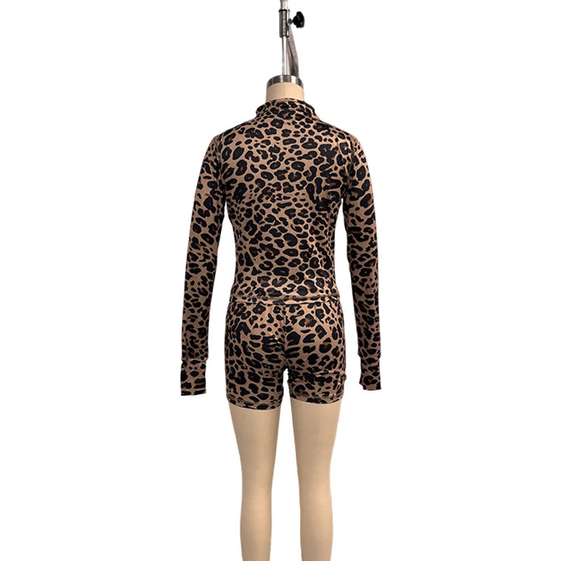 Leopard Print 2 Pieces Set for Women 2025 Trendy Outfits Sexy Gym Tracksuit Slim Zip up Tops and Shorts Matching Sets Club Wear