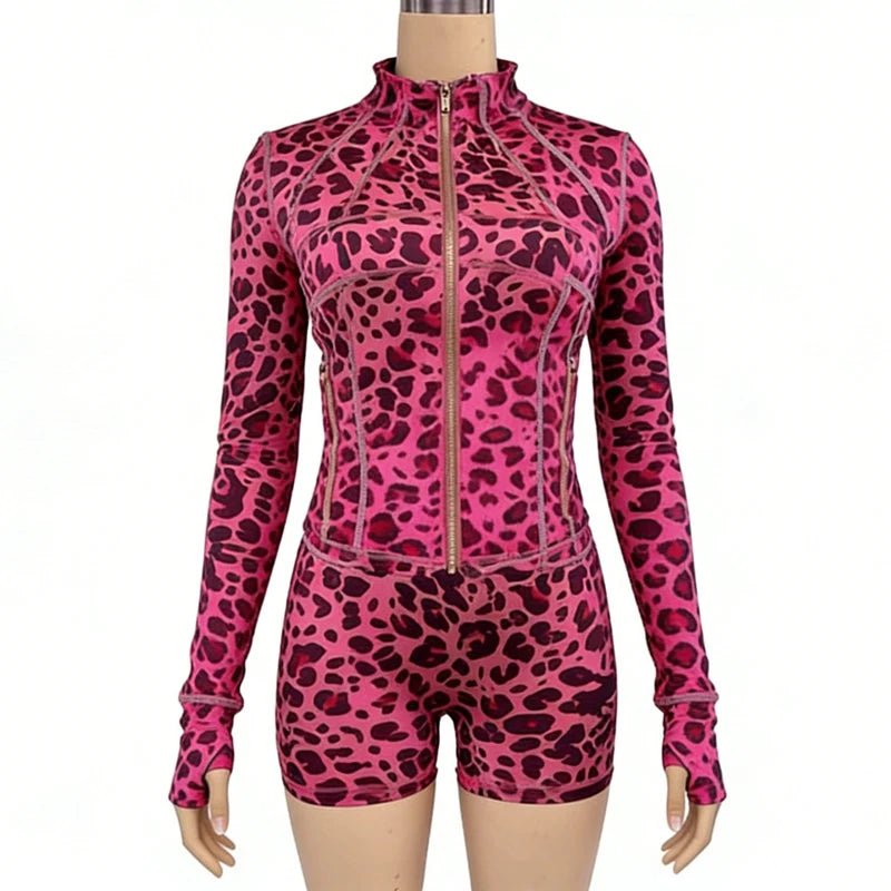 Leopard Print 2 Pieces Set for Women 2025 Trendy Outfits Sexy Gym Tracksuit Slim Zip up Tops and Shorts Matching Sets Club Wear