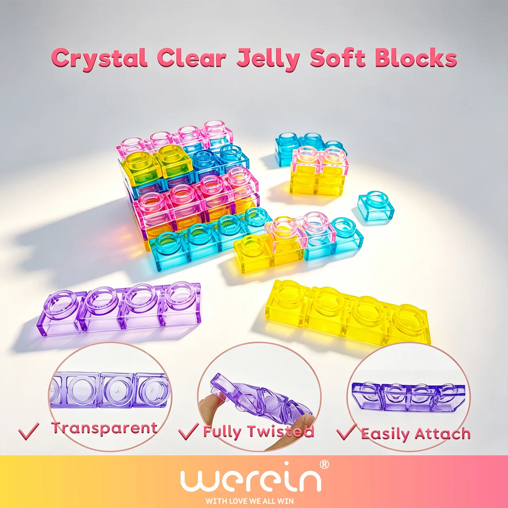 40PCS Jelly Building Blocks/Blox，Gummy Blocks Toys for Kids, Soft Flexible Twistable Stackable Bath Toys