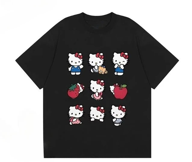 Soft and Cute Hello Kitty 9-grid Printed Children's T-shirt Loose Casual Parent-child Short Sleeved Summer New Item 2026