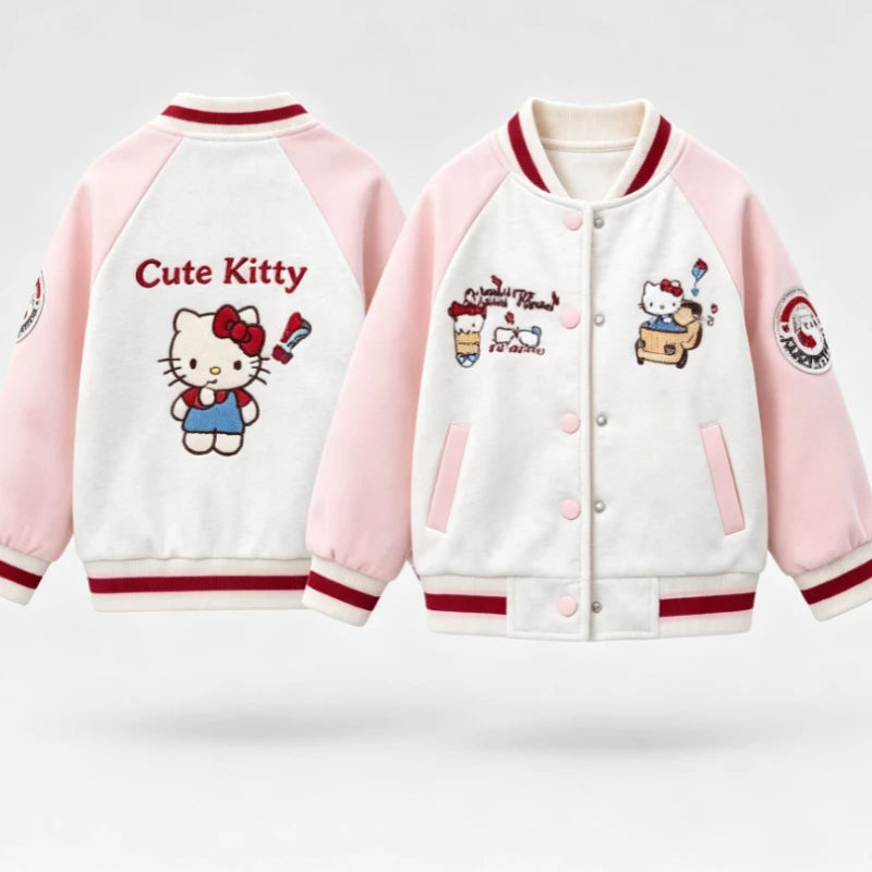 Cute Hello Kitty Cartoon Print Baseball Jacket Spring Autumn Casual Coat Breathable Seoft Lightweight Trendy Outerwear for Kids